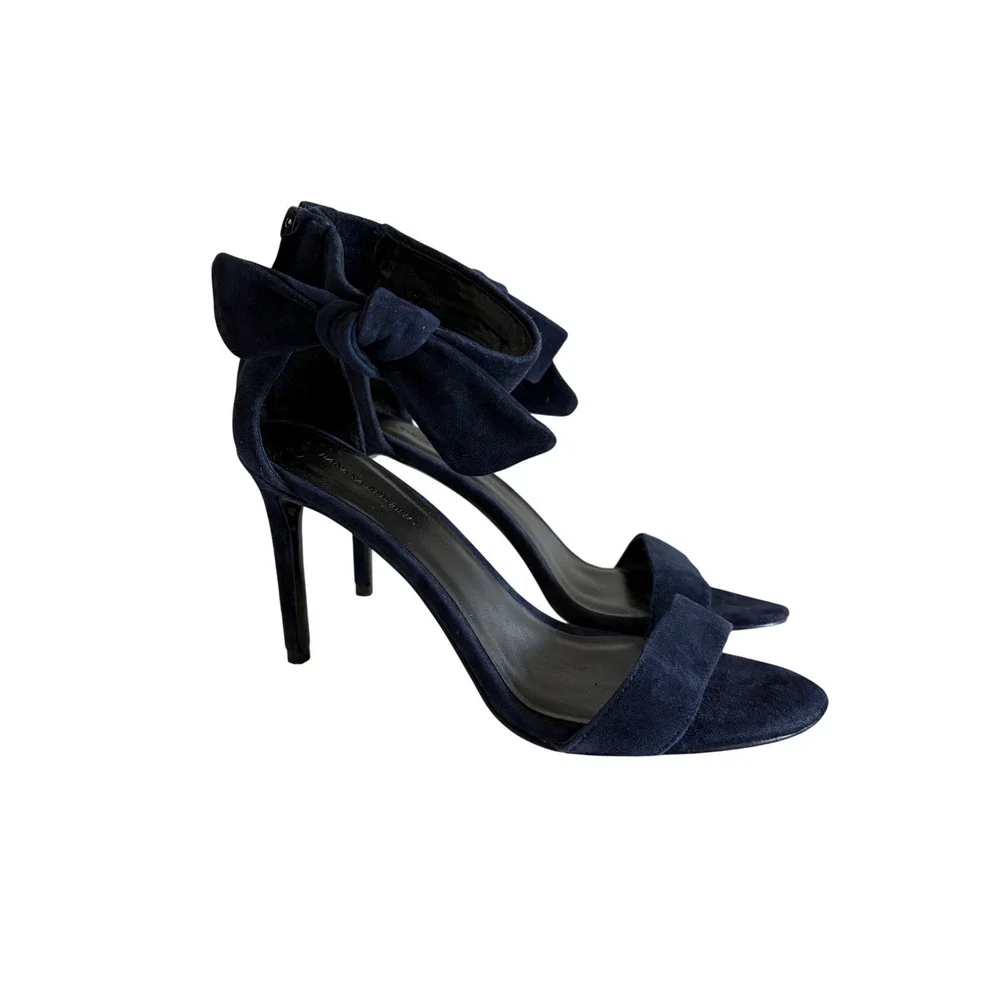 NEW Banana Republic Navy Suede Bow Ankle Strap Stiletto Sandals Heels‎ Size 8